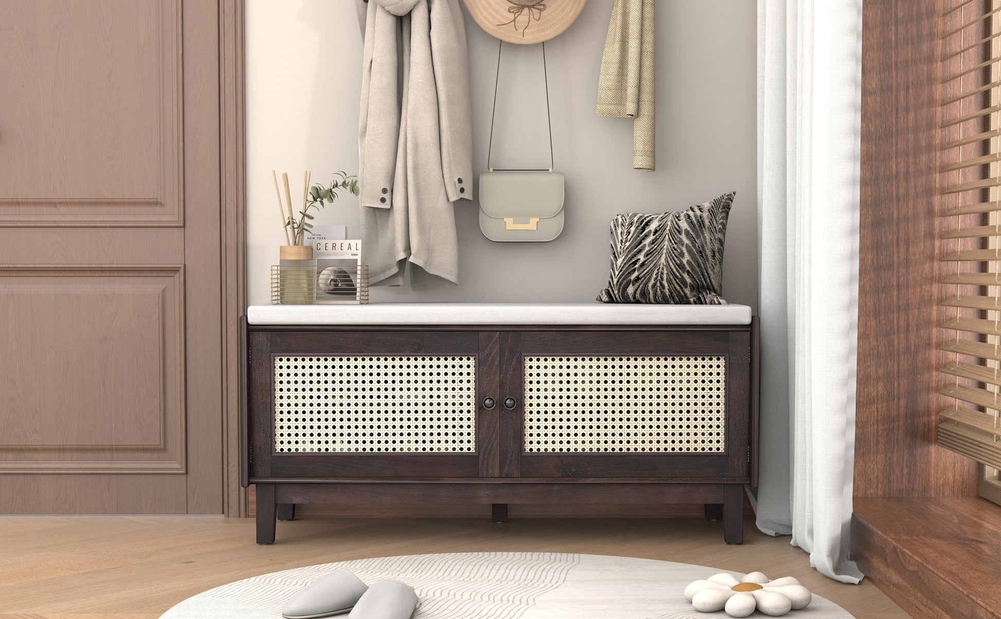 TREXM Boho Rattan Entryway Bench with Storage, Cushioned Shoe Bench with Double Doors, Wooden Shoe Organizer Bench for Entryway and Hallway (Espresso+Beige ) - 1st Choice Furniture Direct