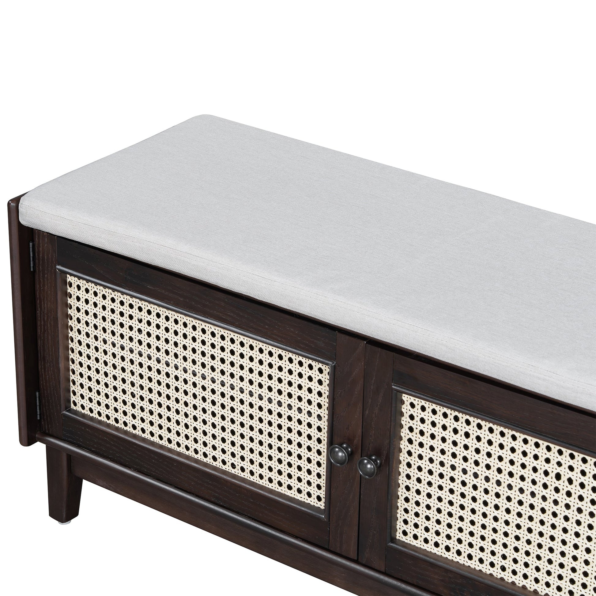 TREXM Boho Rattan Entryway Bench with Storage, Cushioned Shoe Bench with Double Doors, Wooden Shoe Organizer Bench for Entryway and Hallway (Espresso+Beige ) - 1st Choice Furniture Direct