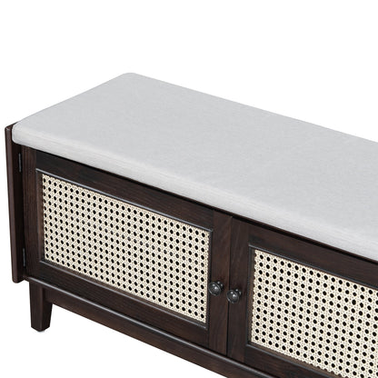 TREXM Boho Rattan Entryway Bench with Storage, Cushioned Shoe Bench with Double Doors, Wooden Shoe Organizer Bench for Entryway and Hallway (Espresso+Beige ) - 1st Choice Furniture Direct