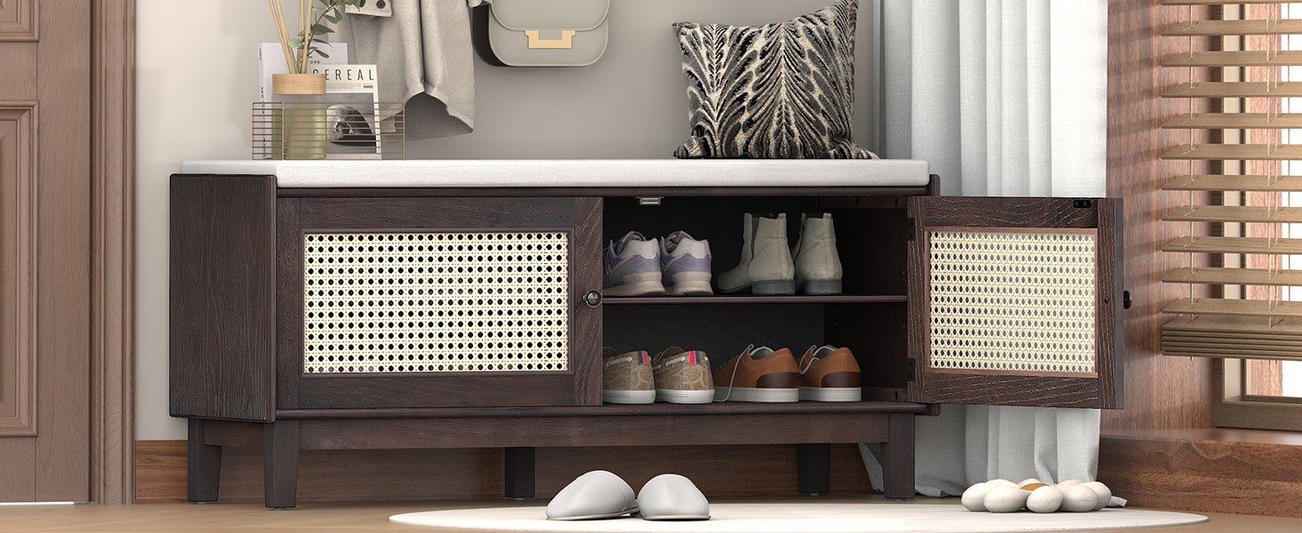 TREXM Boho Rattan Entryway Bench with Storage, Cushioned Shoe Bench with Double Doors, Wooden Shoe Organizer Bench for Entryway and Hallway (Espresso+Beige ) - 1st Choice Furniture Direct