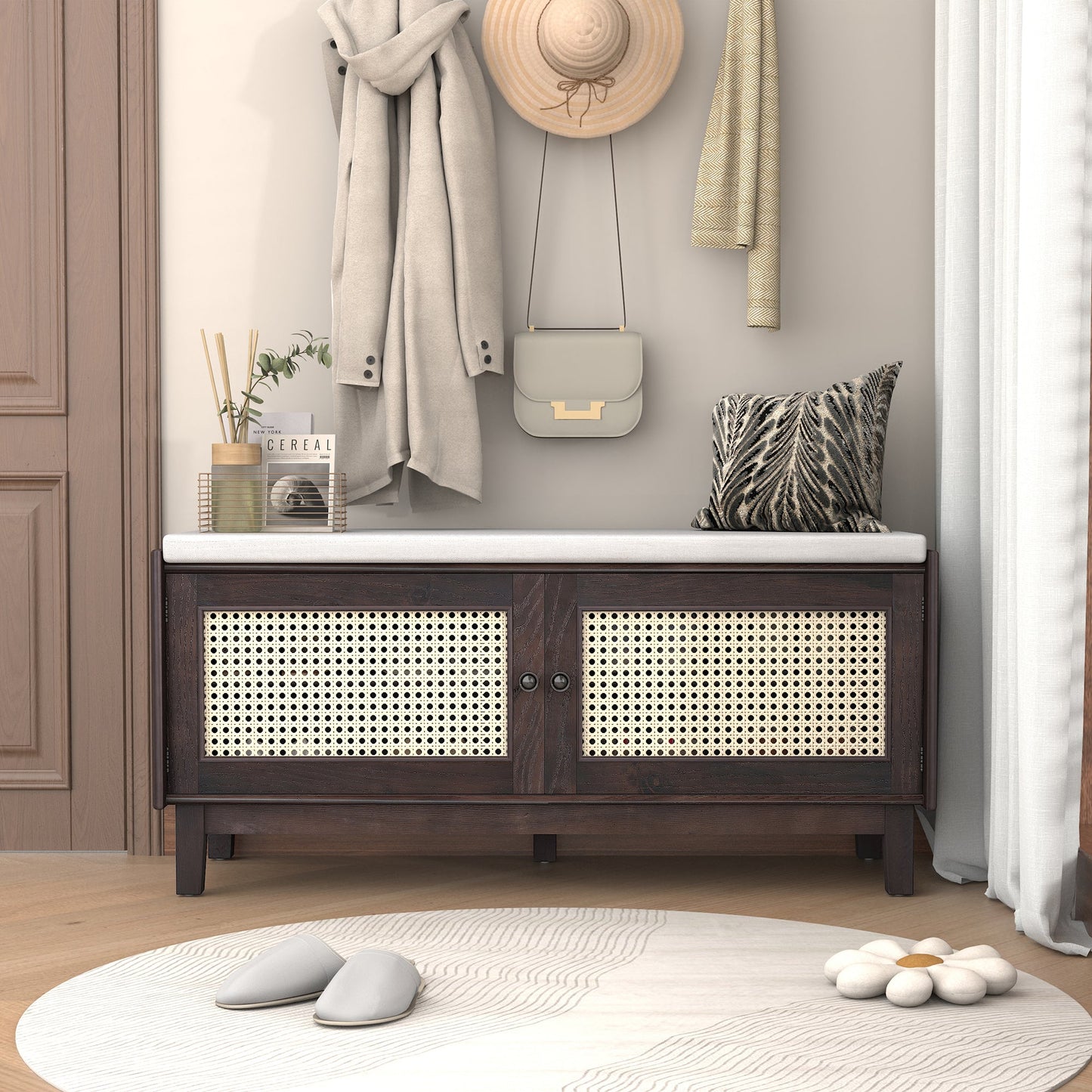 TREXM Boho Rattan Entryway Bench with Storage, Cushioned Shoe Bench with Double Doors, Wooden Shoe Organizer Bench for Entryway and Hallway (Espresso+Beige ) - 1st Choice Furniture Direct