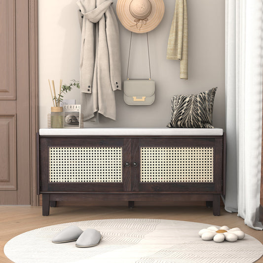 TREXM Boho Rattan Entryway Bench with Storage, Cushioned Shoe Bench with Double Doors, Wooden Shoe Organizer Bench for Entryway and Hallway (Espresso+Beige ) - 1st Choice Furniture Direct