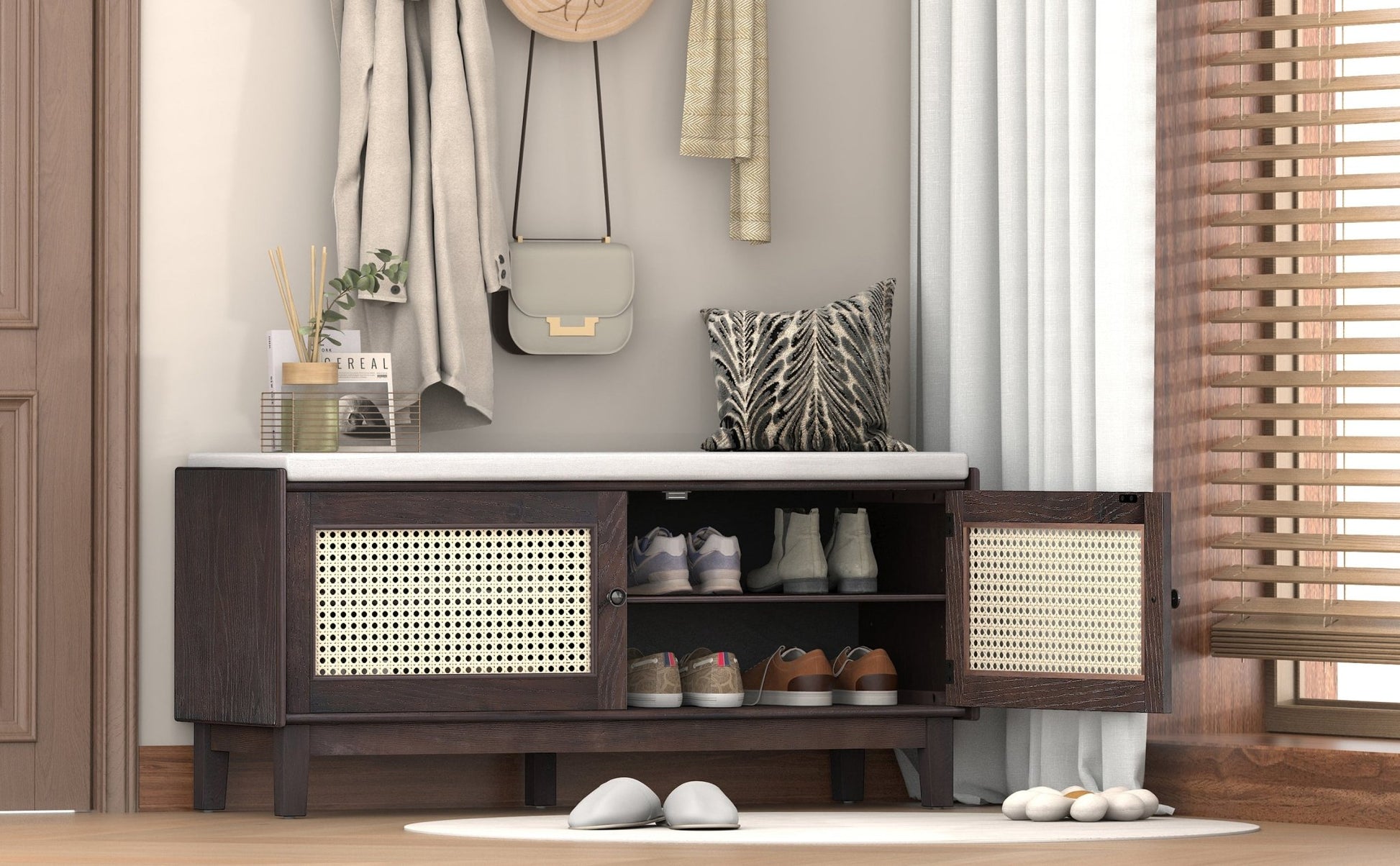 TREXM Boho Rattan Entryway Bench with Storage, Cushioned Shoe Bench with Double Doors, Wooden Shoe Organizer Bench for Entryway and Hallway (Espresso+Beige ) - 1st Choice Furniture Direct