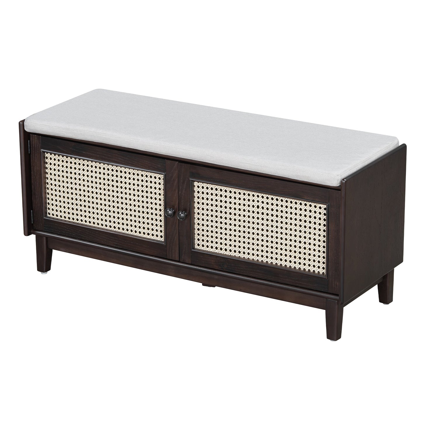 TREXM Boho Rattan Entryway Bench with Storage, Cushioned Shoe Bench with Double Doors, Wooden Shoe Organizer Bench for Entryway and Hallway (Espresso+Beige ) - 1st Choice Furniture Direct