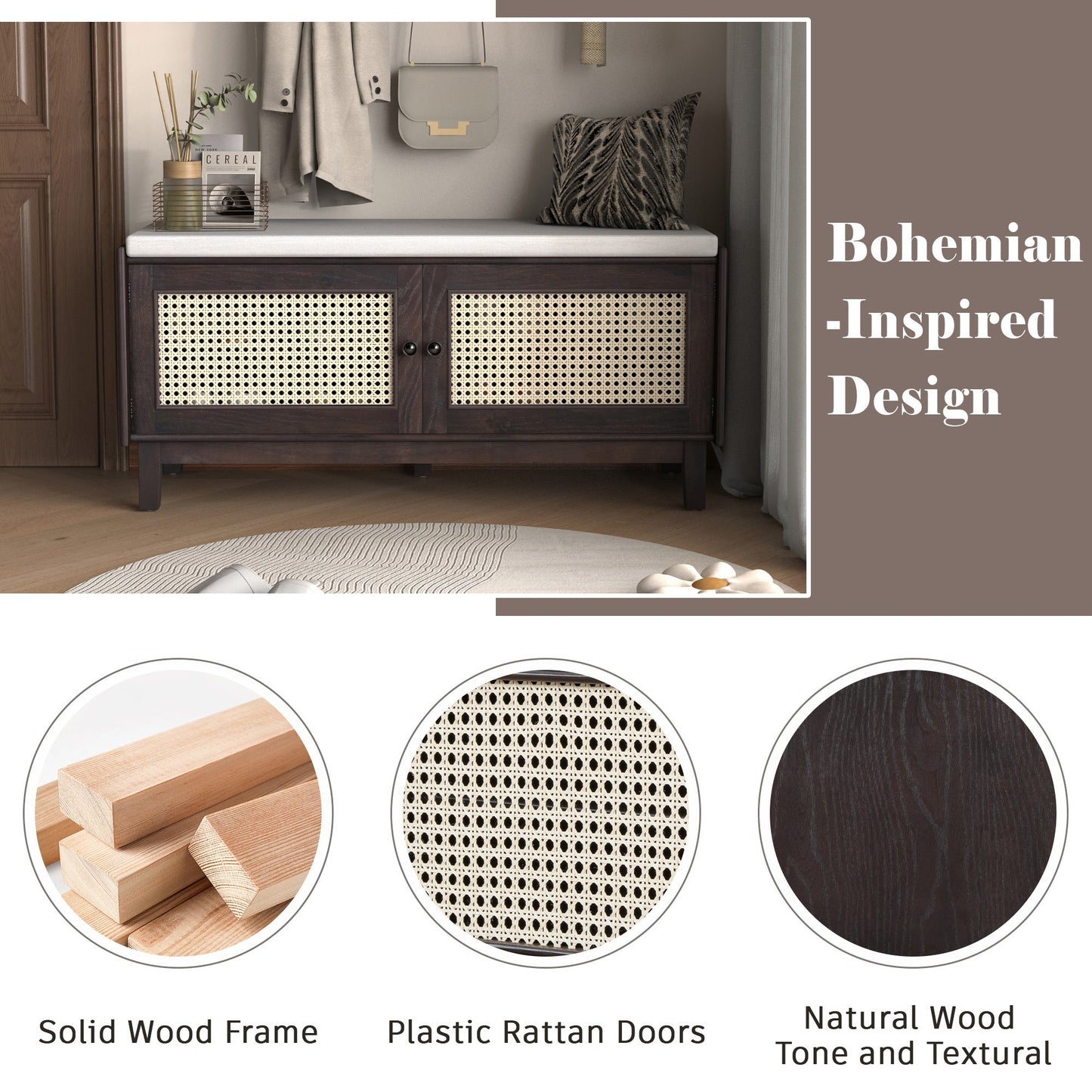 TREXM Boho Rattan Entryway Bench with Storage, Cushioned Shoe Bench with Double Doors, Wooden Shoe Organizer Bench for Entryway and Hallway (Espresso+Beige ) - 1st Choice Furniture Direct