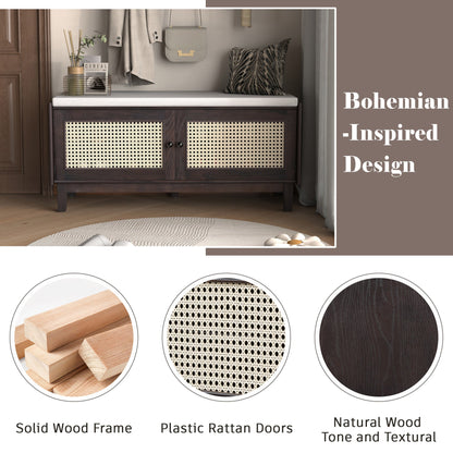 TREXM Boho Rattan Entryway Bench with Storage, Cushioned Shoe Bench with Double Doors, Wooden Shoe Organizer Bench for Entryway and Hallway (Espresso+Beige ) - 1st Choice Furniture Direct