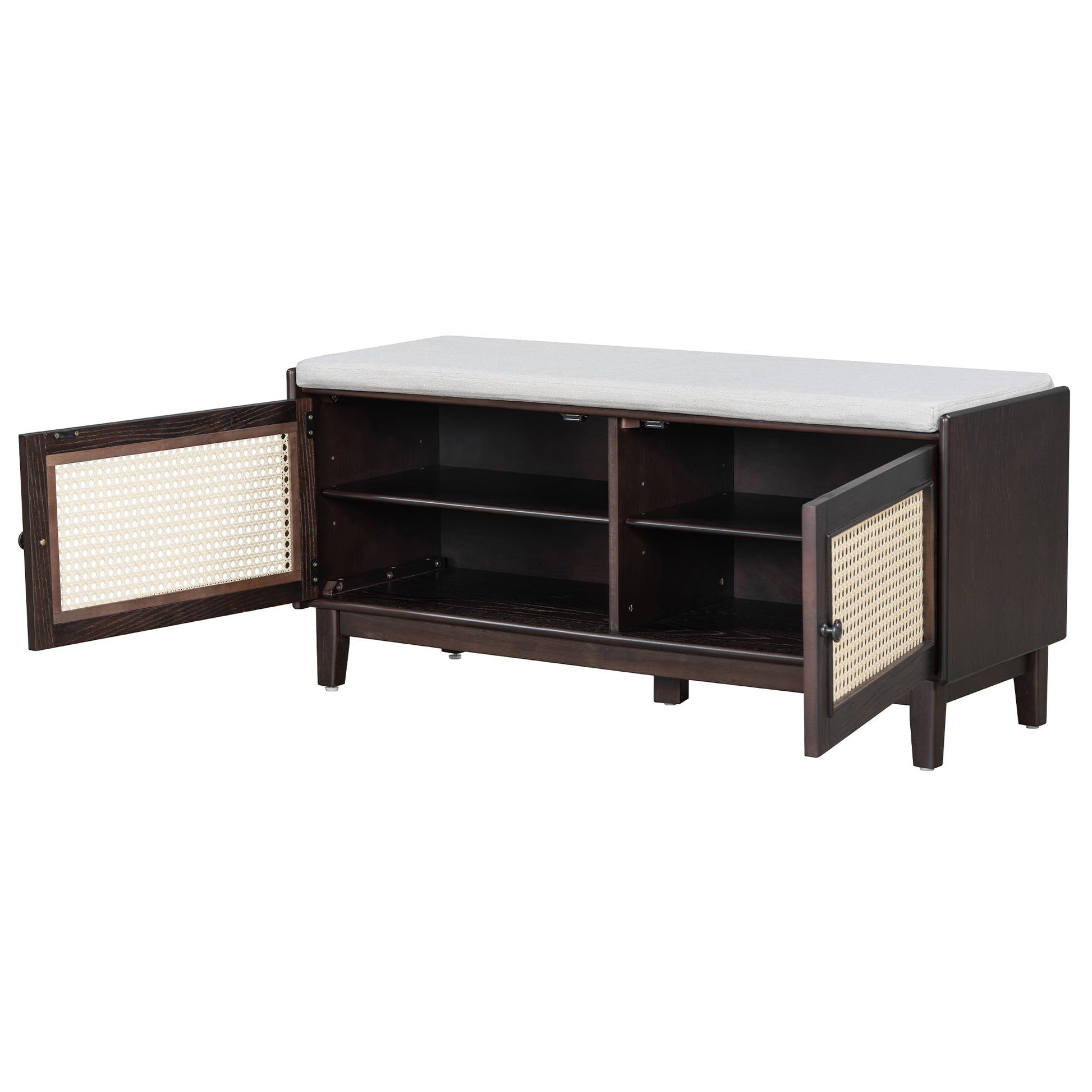 TREXM Boho Rattan Entryway Bench with Storage, Cushioned Shoe Bench with Double Doors, Wooden Shoe Organizer Bench for Entryway and Hallway (Espresso+Beige ) - 1st Choice Furniture Direct