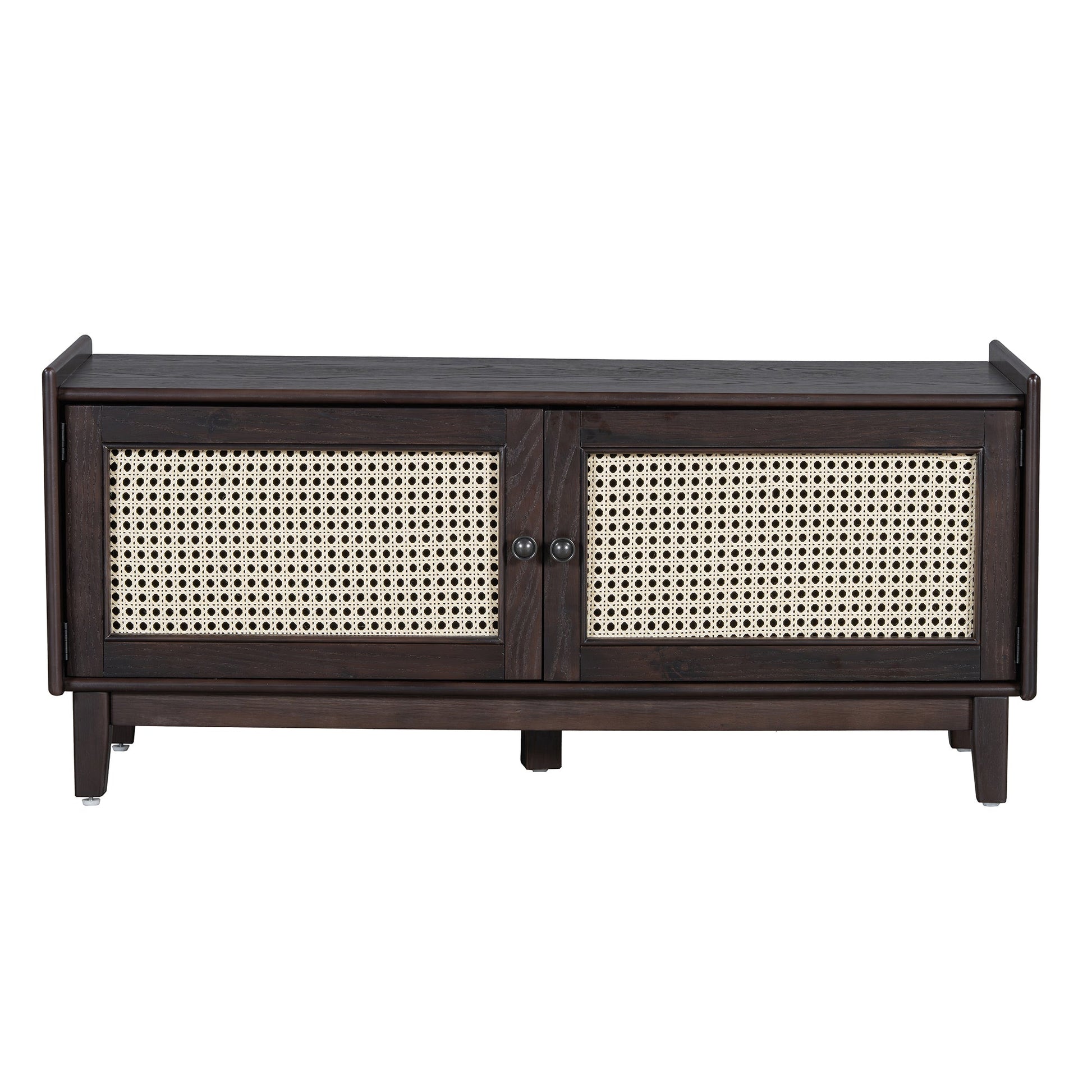 TREXM Boho Rattan Entryway Bench with Storage, Cushioned Shoe Bench with Double Doors, Wooden Shoe Organizer Bench for Entryway and Hallway (Espresso+Beige ) - 1st Choice Furniture Direct