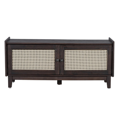 TREXM Boho Rattan Entryway Bench with Storage, Cushioned Shoe Bench with Double Doors, Wooden Shoe Organizer Bench for Entryway and Hallway (Espresso+Beige ) - 1st Choice Furniture Direct