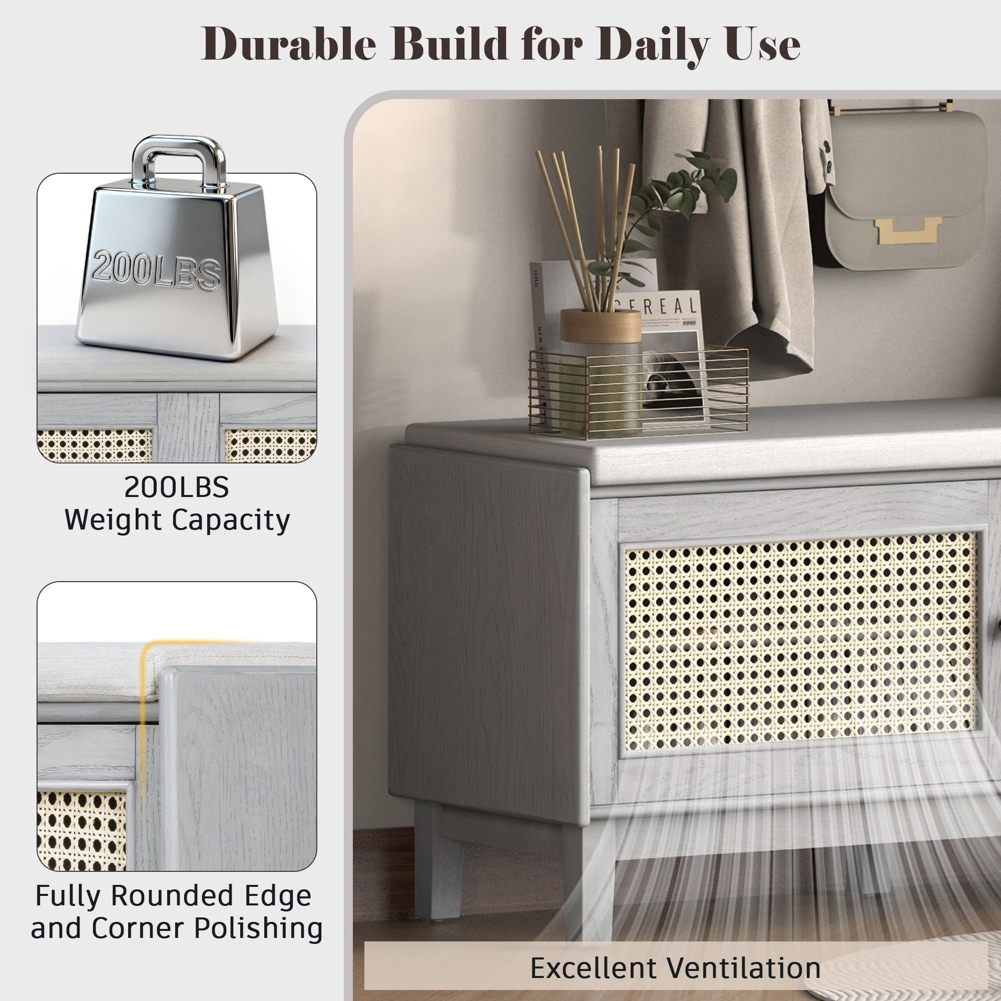 TREXM Boho Rattan Entryway Bench with Storage, Cushioned Shoe Bench with Double Doors, Wooden Shoe Organizer Bench for Entryway and Hallway (Gray Wash+Beige ) - 1st Choice Furniture Direct