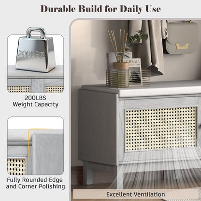 TREXM Boho Rattan Entryway Bench with Storage, Cushioned Shoe Bench with Double Doors, Wooden Shoe Organizer Bench for Entryway and Hallway (Gray Wash+Beige ) - 1st Choice Furniture Direct