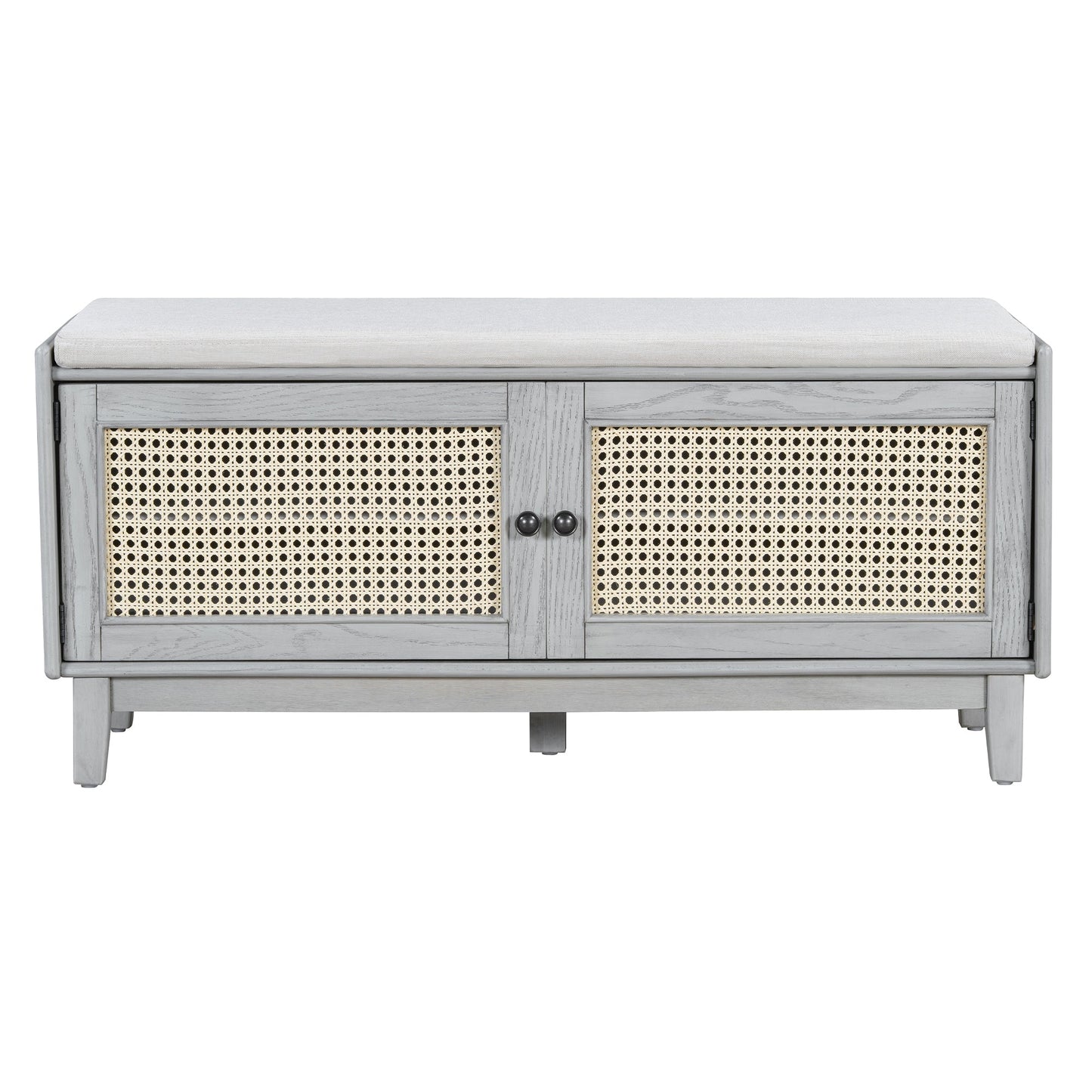 TREXM Boho Rattan Entryway Bench with Storage, Cushioned Shoe Bench with Double Doors, Wooden Shoe Organizer Bench for Entryway and Hallway (Gray Wash+Beige ) - 1st Choice Furniture Direct