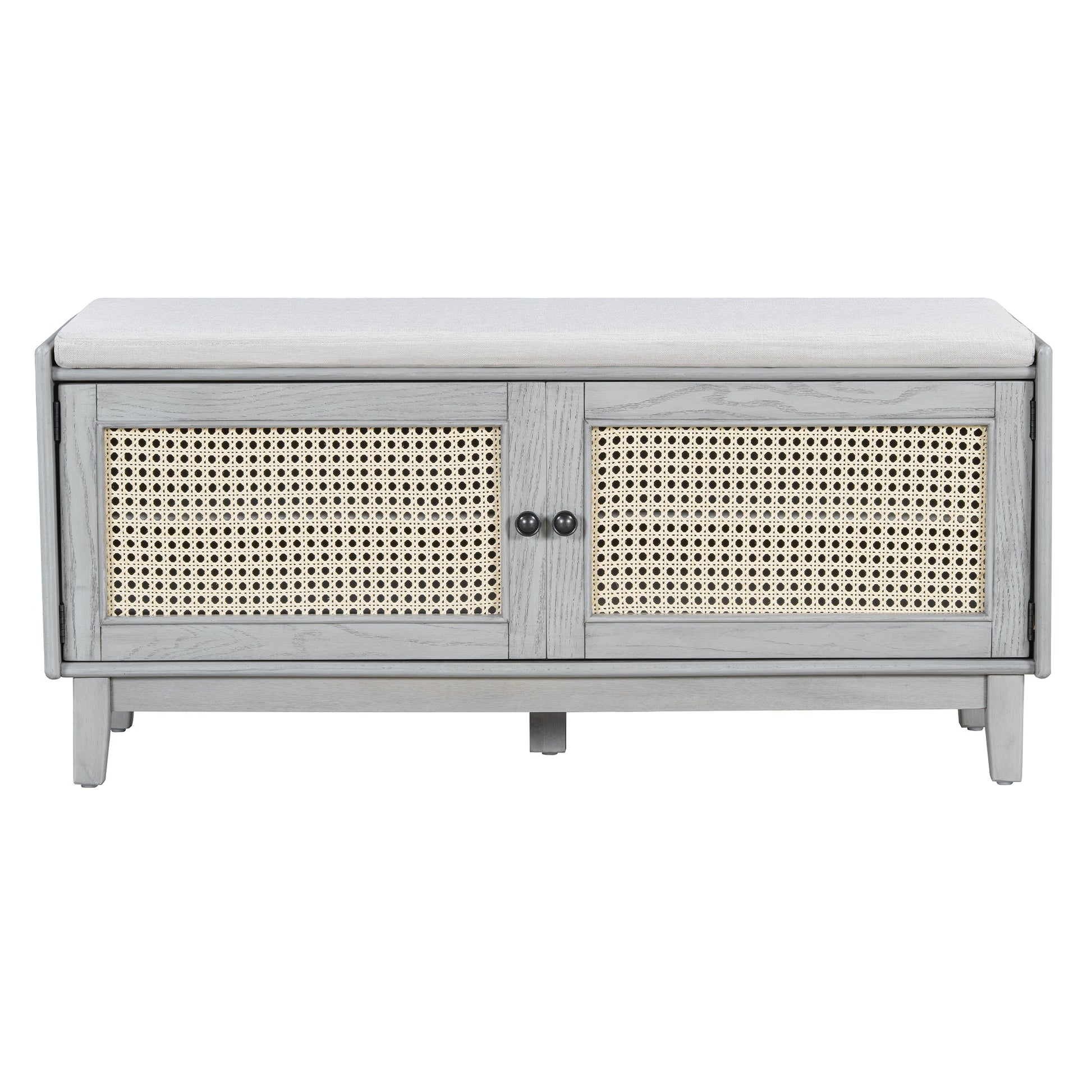 TREXM Boho Rattan Entryway Bench with Storage, Cushioned Shoe Bench with Double Doors, Wooden Shoe Organizer Bench for Entryway and Hallway (Gray Wash+Beige ) - 1st Choice Furniture Direct
