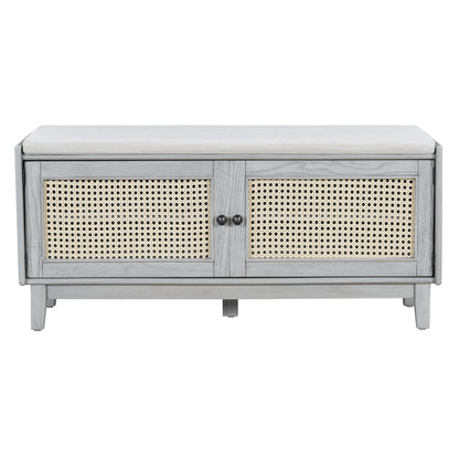 TREXM Boho Rattan Entryway Bench with Storage, Cushioned Shoe Bench with Double Doors, Wooden Shoe Organizer Bench for Entryway and Hallway (Gray Wash+Beige ) - 1st Choice Furniture Direct
