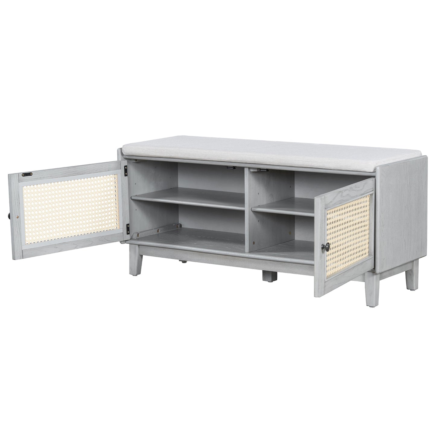 TREXM Boho Rattan Entryway Bench with Storage, Cushioned Shoe Bench with Double Doors, Wooden Shoe Organizer Bench for Entryway and Hallway (Gray Wash+Beige ) - 1st Choice Furniture Direct