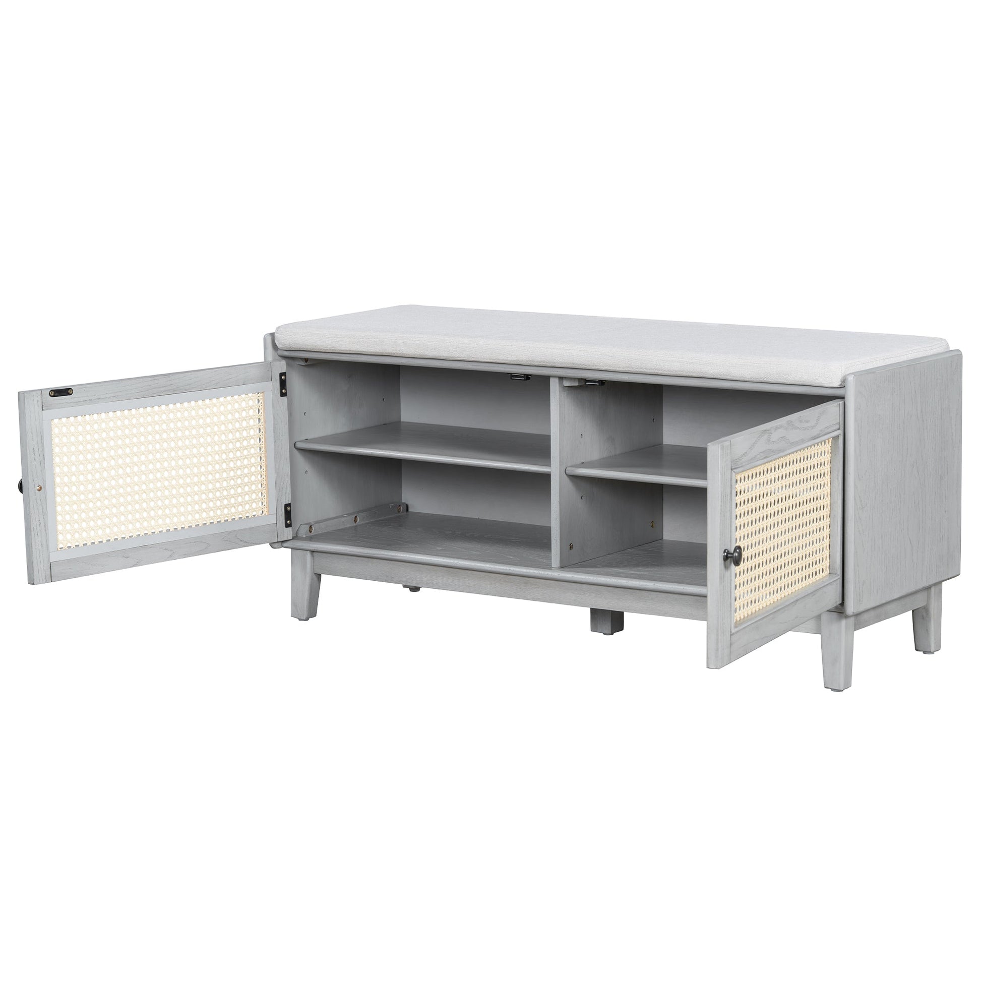 TREXM Boho Rattan Entryway Bench with Storage, Cushioned Shoe Bench with Double Doors, Wooden Shoe Organizer Bench for Entryway and Hallway (Gray Wash+Beige ) - 1st Choice Furniture Direct