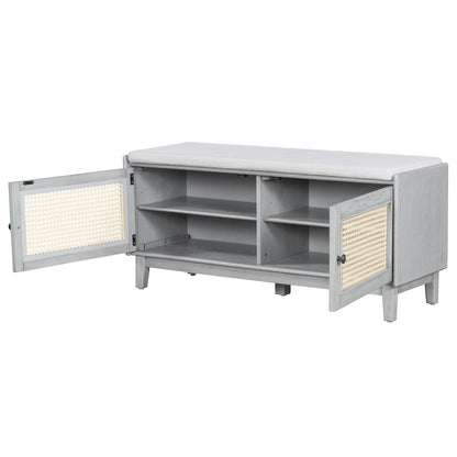 TREXM Boho Rattan Entryway Bench with Storage, Cushioned Shoe Bench with Double Doors, Wooden Shoe Organizer Bench for Entryway and Hallway (Gray Wash+Beige ) - 1st Choice Furniture Direct