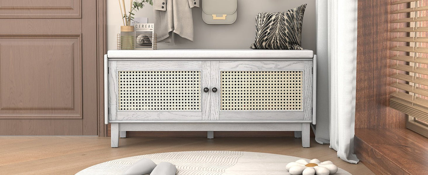 TREXM Boho Rattan Entryway Bench with Storage, Cushioned Shoe Bench with Double Doors, Wooden Shoe Organizer Bench for Entryway and Hallway (Gray Wash+Beige ) - 1st Choice Furniture Direct