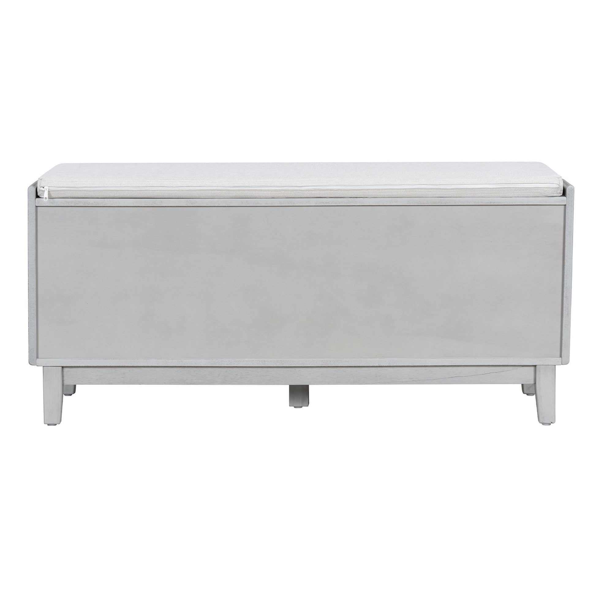 TREXM Boho Rattan Entryway Bench with Storage, Cushioned Shoe Bench with Double Doors, Wooden Shoe Organizer Bench for Entryway and Hallway (Gray Wash+Beige ) - 1st Choice Furniture Direct