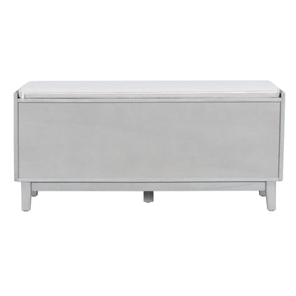 TREXM Boho Rattan Entryway Bench with Storage, Cushioned Shoe Bench with Double Doors, Wooden Shoe Organizer Bench for Entryway and Hallway (Gray Wash+Beige ) - 1st Choice Furniture Direct