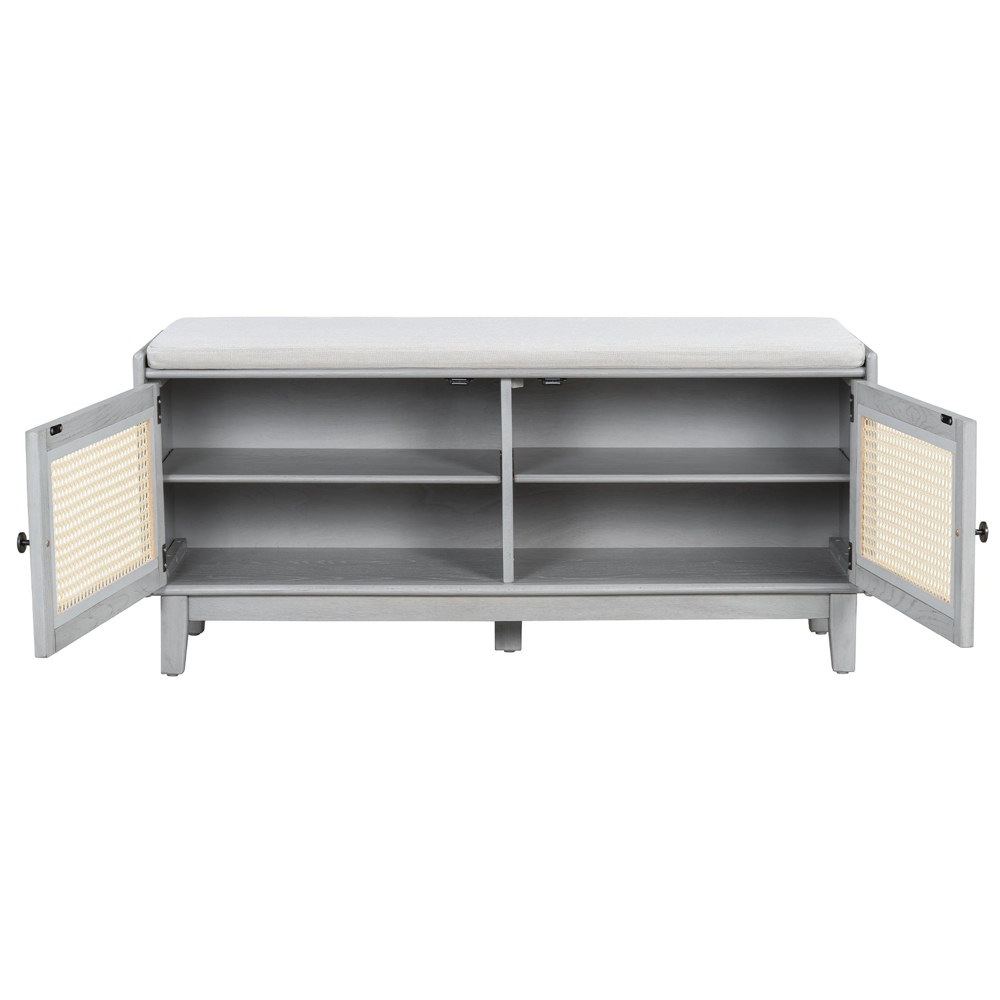 TREXM Boho Rattan Entryway Bench with Storage, Cushioned Shoe Bench with Double Doors, Wooden Shoe Organizer Bench for Entryway and Hallway (Gray Wash+Beige ) - 1st Choice Furniture Direct