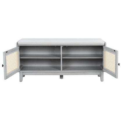 TREXM Boho Rattan Entryway Bench with Storage, Cushioned Shoe Bench with Double Doors, Wooden Shoe Organizer Bench for Entryway and Hallway (Gray Wash+Beige ) - 1st Choice Furniture Direct