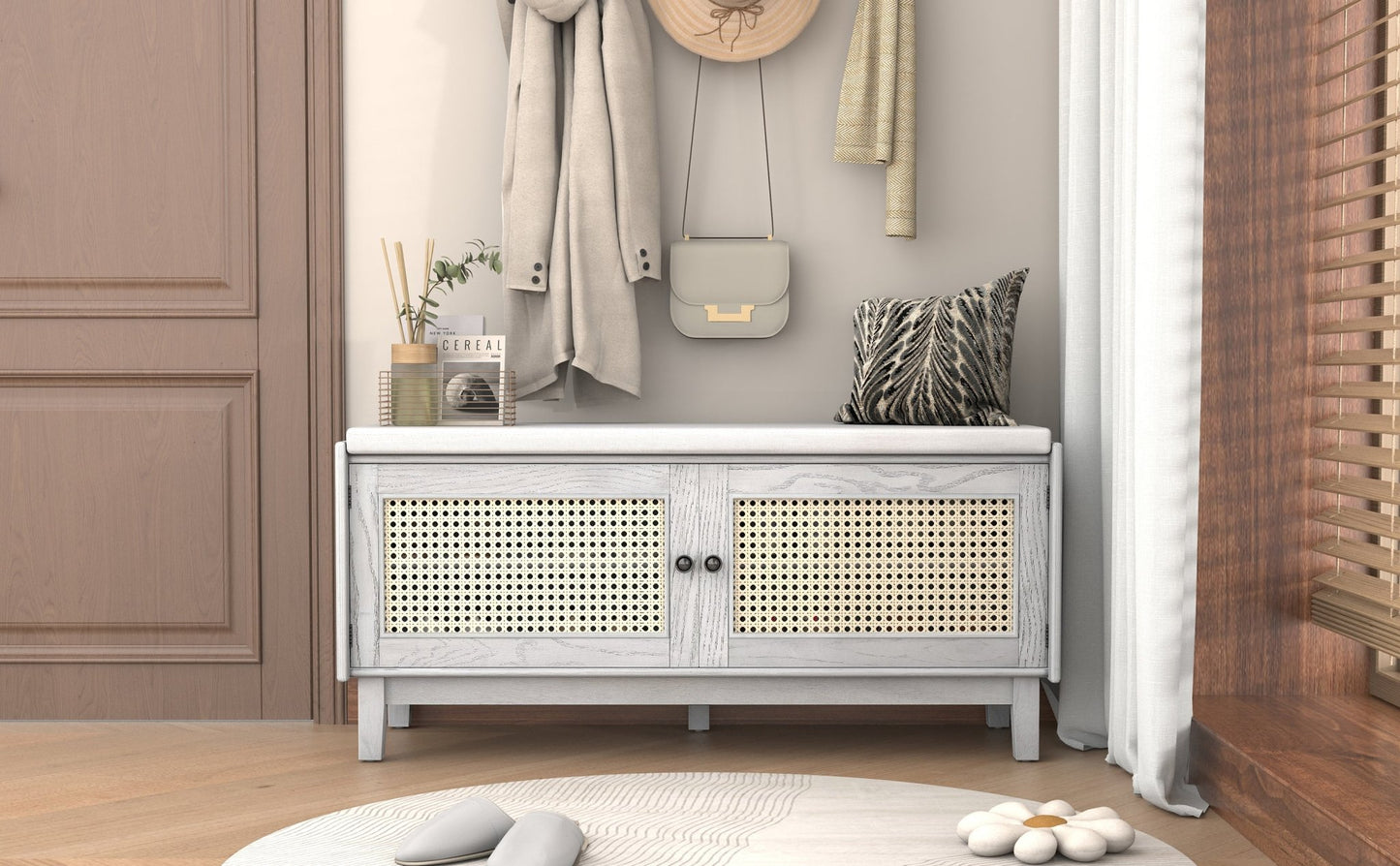 TREXM Boho Rattan Entryway Bench with Storage, Cushioned Shoe Bench with Double Doors, Wooden Shoe Organizer Bench for Entryway and Hallway (Gray Wash+Beige ) - 1st Choice Furniture Direct