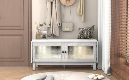 TREXM Boho Rattan Entryway Bench with Storage, Cushioned Shoe Bench with Double Doors, Wooden Shoe Organizer Bench for Entryway and Hallway (Gray Wash+Beige ) - 1st Choice Furniture Direct