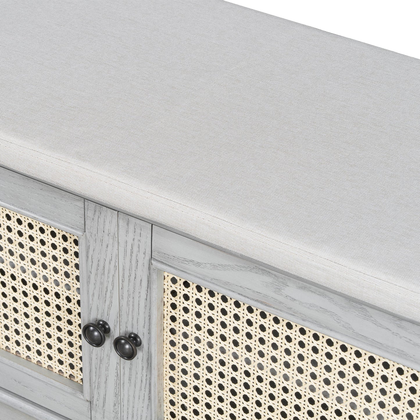 TREXM Boho Rattan Entryway Bench with Storage, Cushioned Shoe Bench with Double Doors, Wooden Shoe Organizer Bench for Entryway and Hallway (Gray Wash+Beige ) - 1st Choice Furniture Direct