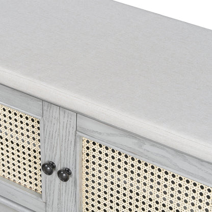 TREXM Boho Rattan Entryway Bench with Storage, Cushioned Shoe Bench with Double Doors, Wooden Shoe Organizer Bench for Entryway and Hallway (Gray Wash+Beige ) - 1st Choice Furniture Direct