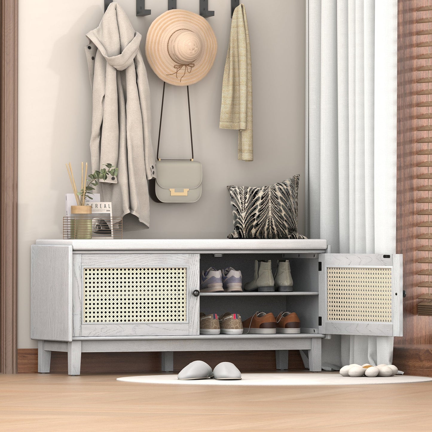 TREXM Boho Rattan Entryway Bench with Storage, Cushioned Shoe Bench with Double Doors, Wooden Shoe Organizer Bench for Entryway and Hallway (Gray Wash+Beige ) - 1st Choice Furniture Direct