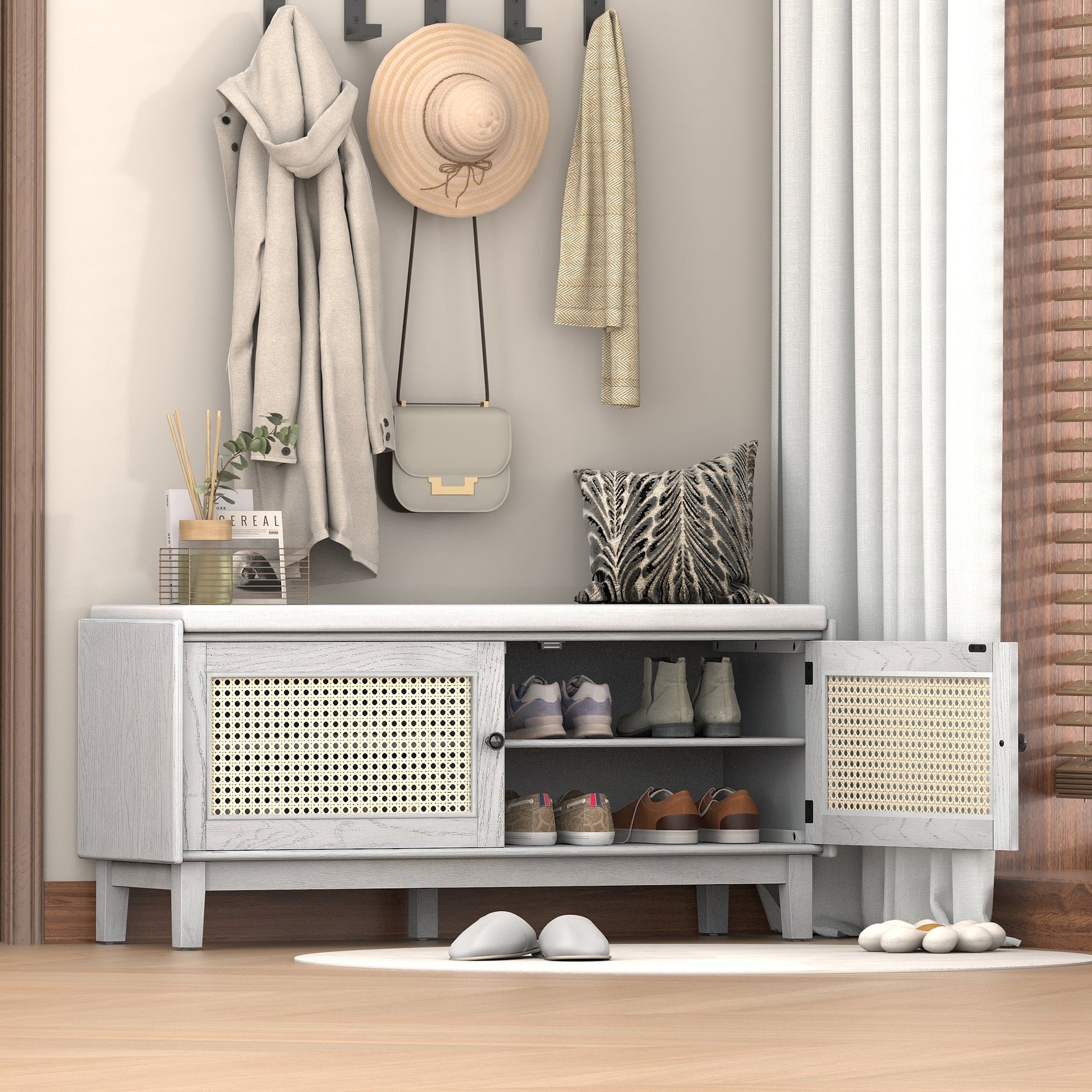 TREXM Boho Rattan Entryway Bench with Storage, Cushioned Shoe Bench with Double Doors, Wooden Shoe Organizer Bench for Entryway and Hallway (Gray Wash+Beige ) - 1st Choice Furniture Direct