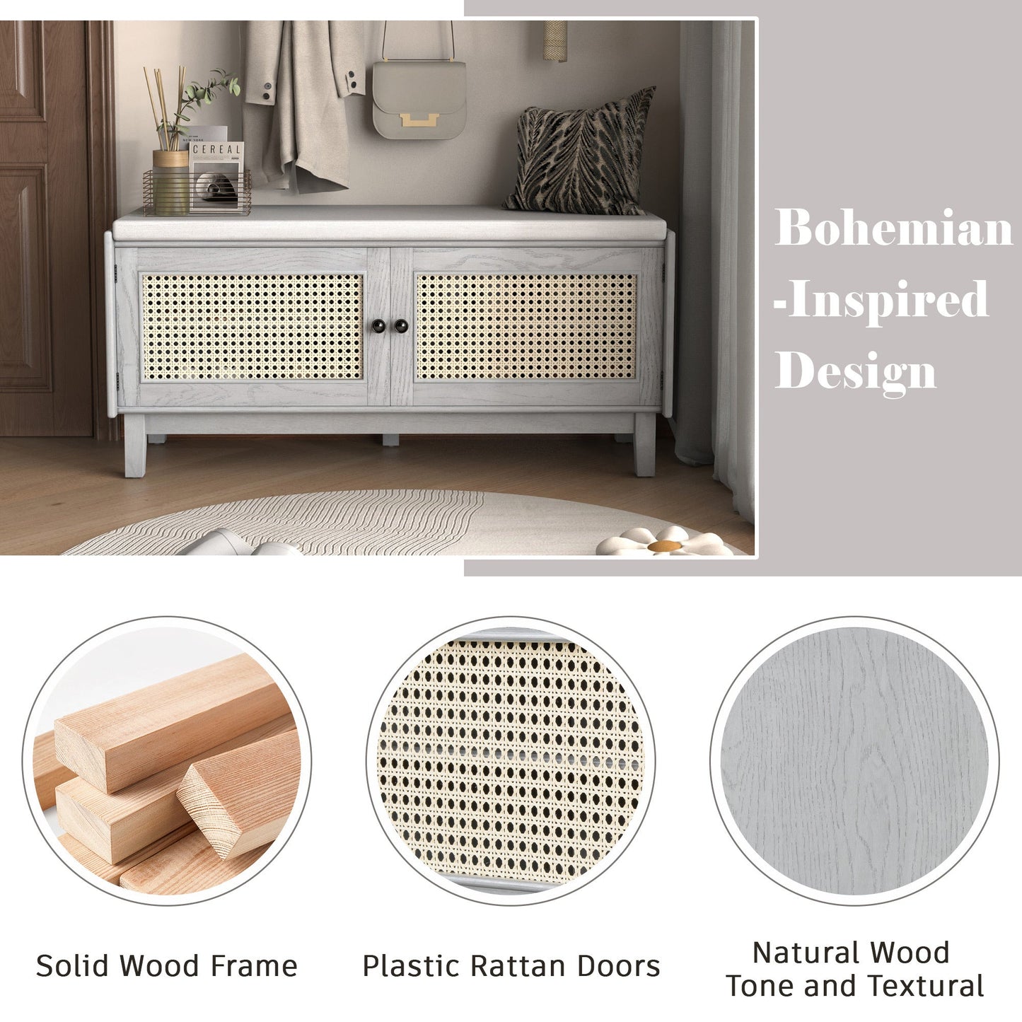 TREXM Boho Rattan Entryway Bench with Storage, Cushioned Shoe Bench with Double Doors, Wooden Shoe Organizer Bench for Entryway and Hallway (Gray Wash+Beige ) - 1st Choice Furniture Direct