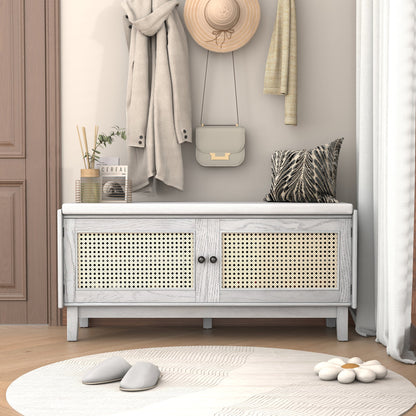 TREXM Boho Rattan Entryway Bench with Storage, Cushioned Shoe Bench with Double Doors, Wooden Shoe Organizer Bench for Entryway and Hallway (Gray Wash+Beige ) - 1st Choice Furniture Direct