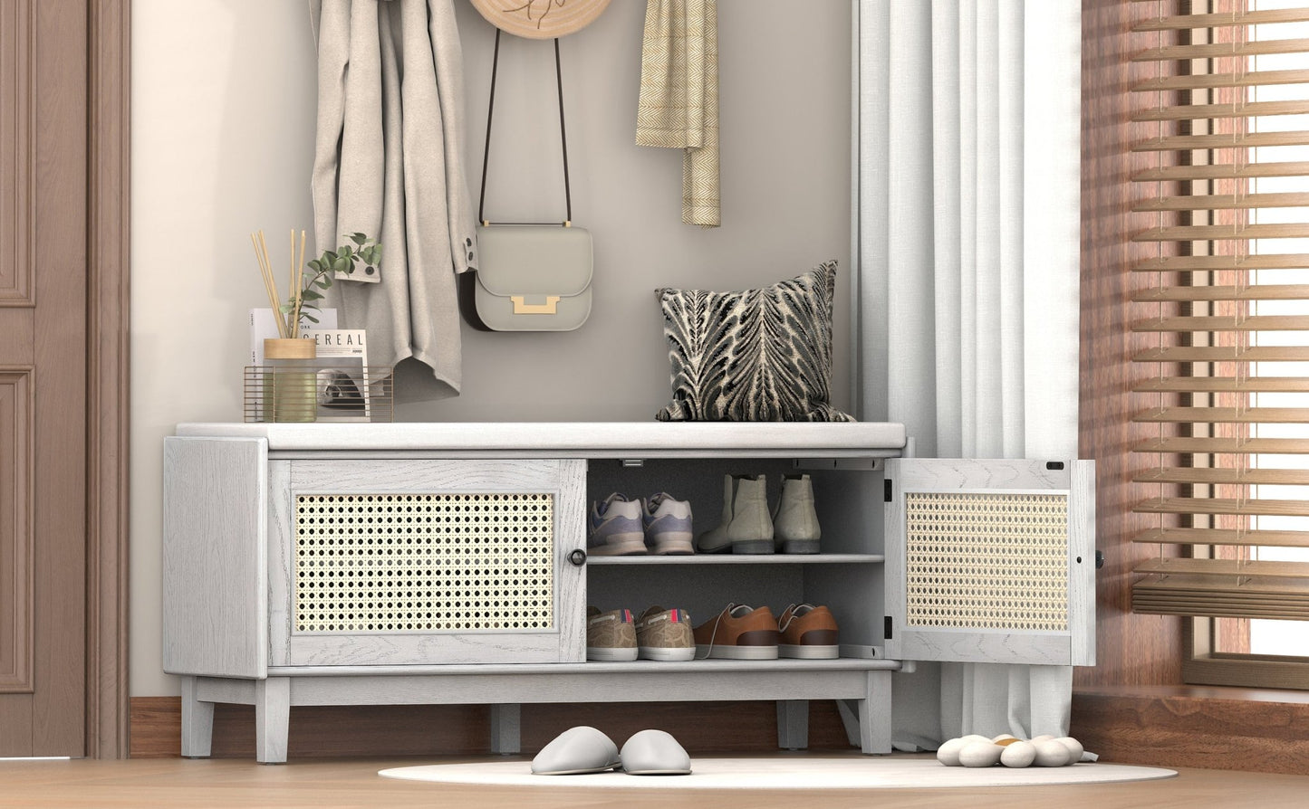 TREXM Boho Rattan Entryway Bench with Storage, Cushioned Shoe Bench with Double Doors, Wooden Shoe Organizer Bench for Entryway and Hallway (Gray Wash+Beige ) - 1st Choice Furniture Direct