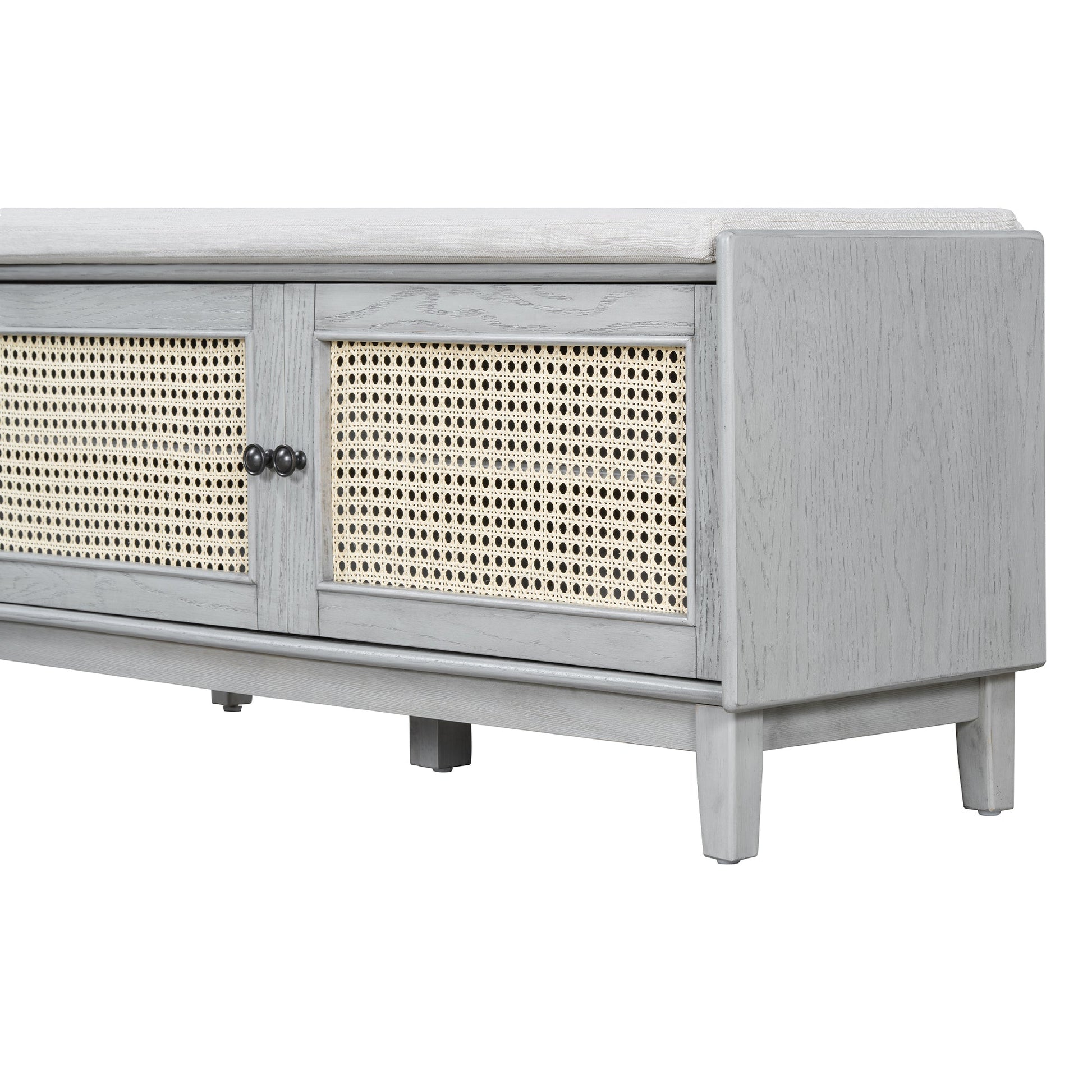 TREXM Boho Rattan Entryway Bench with Storage, Cushioned Shoe Bench with Double Doors, Wooden Shoe Organizer Bench for Entryway and Hallway (Gray Wash+Beige ) - 1st Choice Furniture Direct
