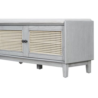 TREXM Boho Rattan Entryway Bench with Storage, Cushioned Shoe Bench with Double Doors, Wooden Shoe Organizer Bench for Entryway and Hallway (Gray Wash+Beige ) - 1st Choice Furniture Direct
