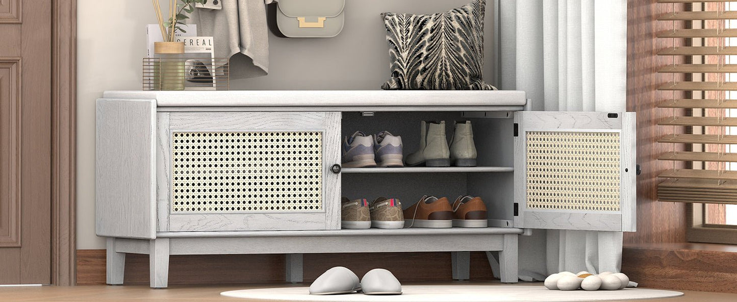 TREXM Boho Rattan Entryway Bench with Storage, Cushioned Shoe Bench with Double Doors, Wooden Shoe Organizer Bench for Entryway and Hallway (Gray Wash+Beige ) - 1st Choice Furniture Direct