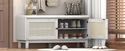 TREXM Boho Rattan Entryway Bench with Storage, Cushioned Shoe Bench with Double Doors, Wooden Shoe Organizer Bench for Entryway and Hallway (Gray Wash+Beige ) - 1st Choice Furniture Direct