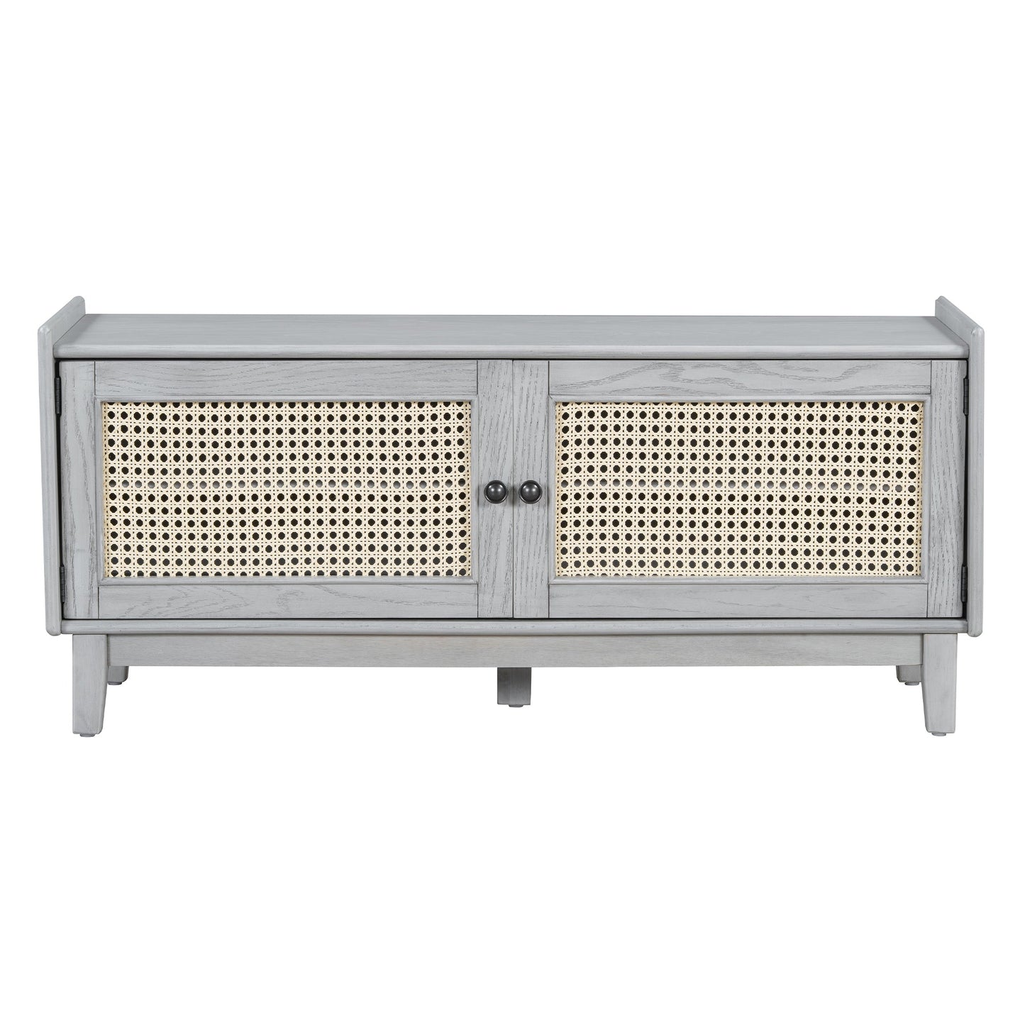 TREXM Boho Rattan Entryway Bench with Storage, Cushioned Shoe Bench with Double Doors, Wooden Shoe Organizer Bench for Entryway and Hallway (Gray Wash+Beige ) - 1st Choice Furniture Direct