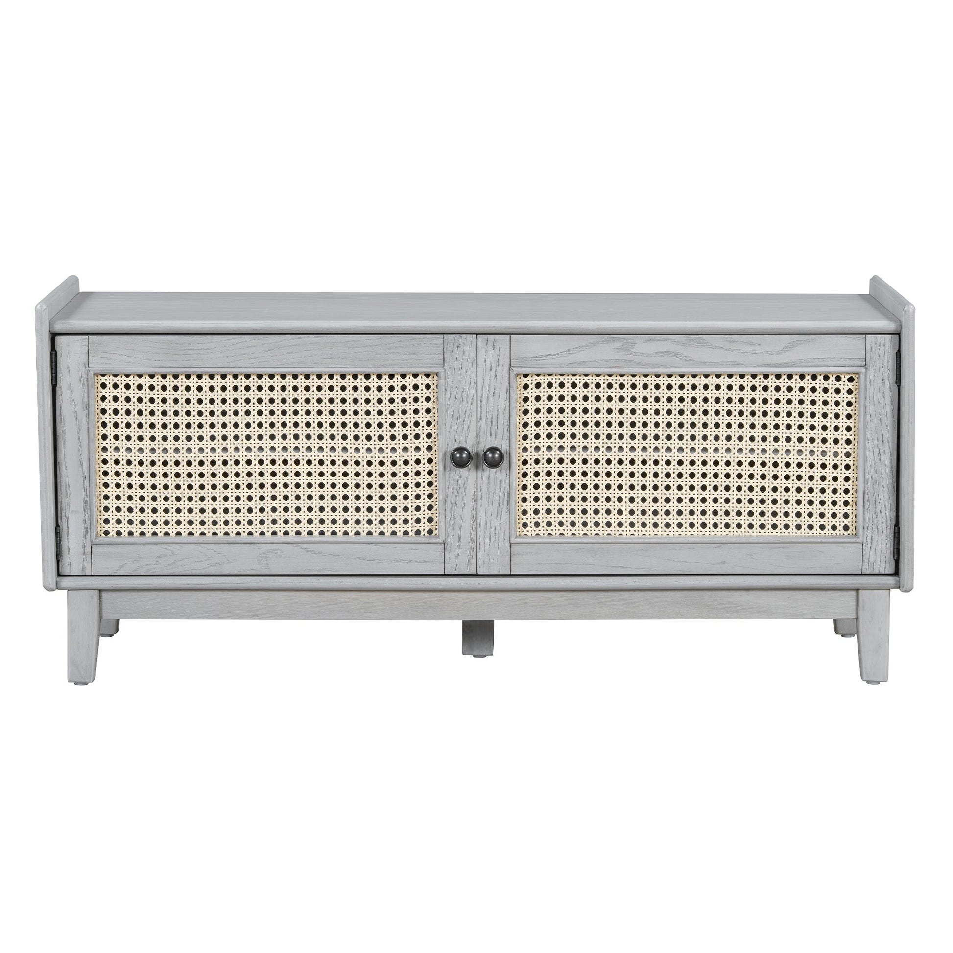 TREXM Boho Rattan Entryway Bench with Storage, Cushioned Shoe Bench with Double Doors, Wooden Shoe Organizer Bench for Entryway and Hallway (Gray Wash+Beige ) - 1st Choice Furniture Direct
