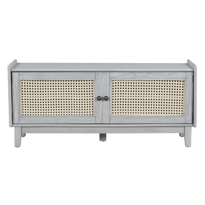 TREXM Boho Rattan Entryway Bench with Storage, Cushioned Shoe Bench with Double Doors, Wooden Shoe Organizer Bench for Entryway and Hallway (Gray Wash+Beige ) - 1st Choice Furniture Direct