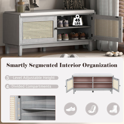TREXM Boho Rattan Entryway Bench with Storage, Cushioned Shoe Bench with Double Doors, Wooden Shoe Organizer Bench for Entryway and Hallway (Gray Wash+Beige ) - 1st Choice Furniture Direct