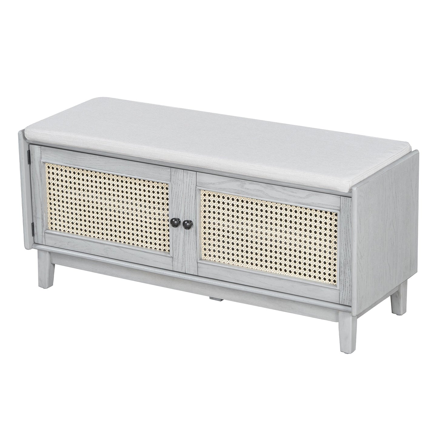 TREXM Boho Rattan Entryway Bench with Storage, Cushioned Shoe Bench with Double Doors, Wooden Shoe Organizer Bench for Entryway and Hallway (Gray Wash+Beige ) - 1st Choice Furniture Direct