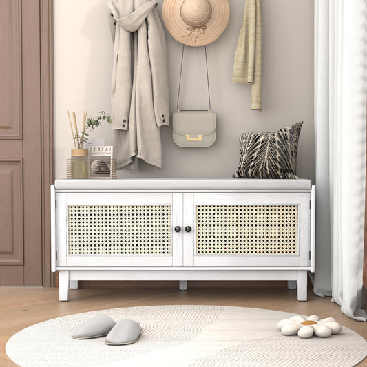 TREXM Boho Rattan Entryway Bench with Storage, Cushioned Shoe Bench with Double Doors, Wooden Shoe Organizer Bench for Entryway and Hallway (White+Beige ) - 1st Choice Furniture Direct