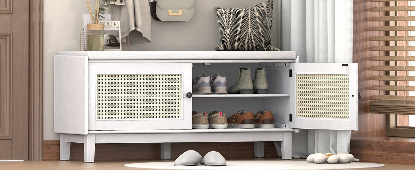 TREXM Boho Rattan Entryway Bench with Storage, Cushioned Shoe Bench with Double Doors, Wooden Shoe Organizer Bench for Entryway and Hallway (White+Beige ) - 1st Choice Furniture Direct