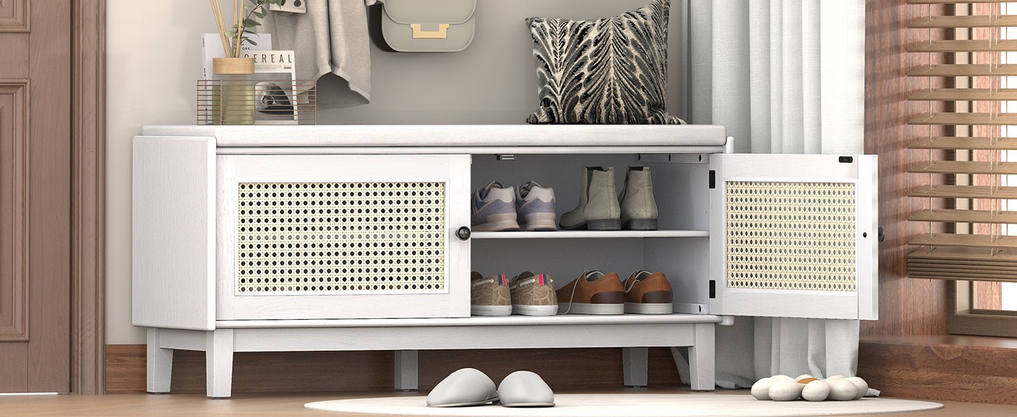 TREXM Boho Rattan Entryway Bench with Storage, Cushioned Shoe Bench with Double Doors, Wooden Shoe Organizer Bench for Entryway and Hallway (White+Beige ) - 1st Choice Furniture Direct