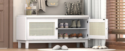 TREXM Boho Rattan Entryway Bench with Storage, Cushioned Shoe Bench with Double Doors, Wooden Shoe Organizer Bench for Entryway and Hallway (White+Beige ) - 1st Choice Furniture Direct