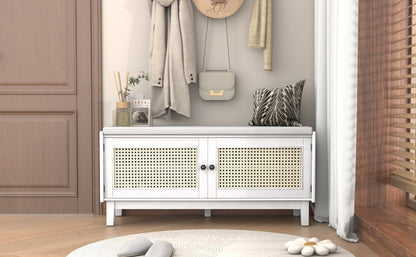 TREXM Boho Rattan Entryway Bench with Storage, Cushioned Shoe Bench with Double Doors, Wooden Shoe Organizer Bench for Entryway and Hallway (White+Beige ) - 1st Choice Furniture Direct