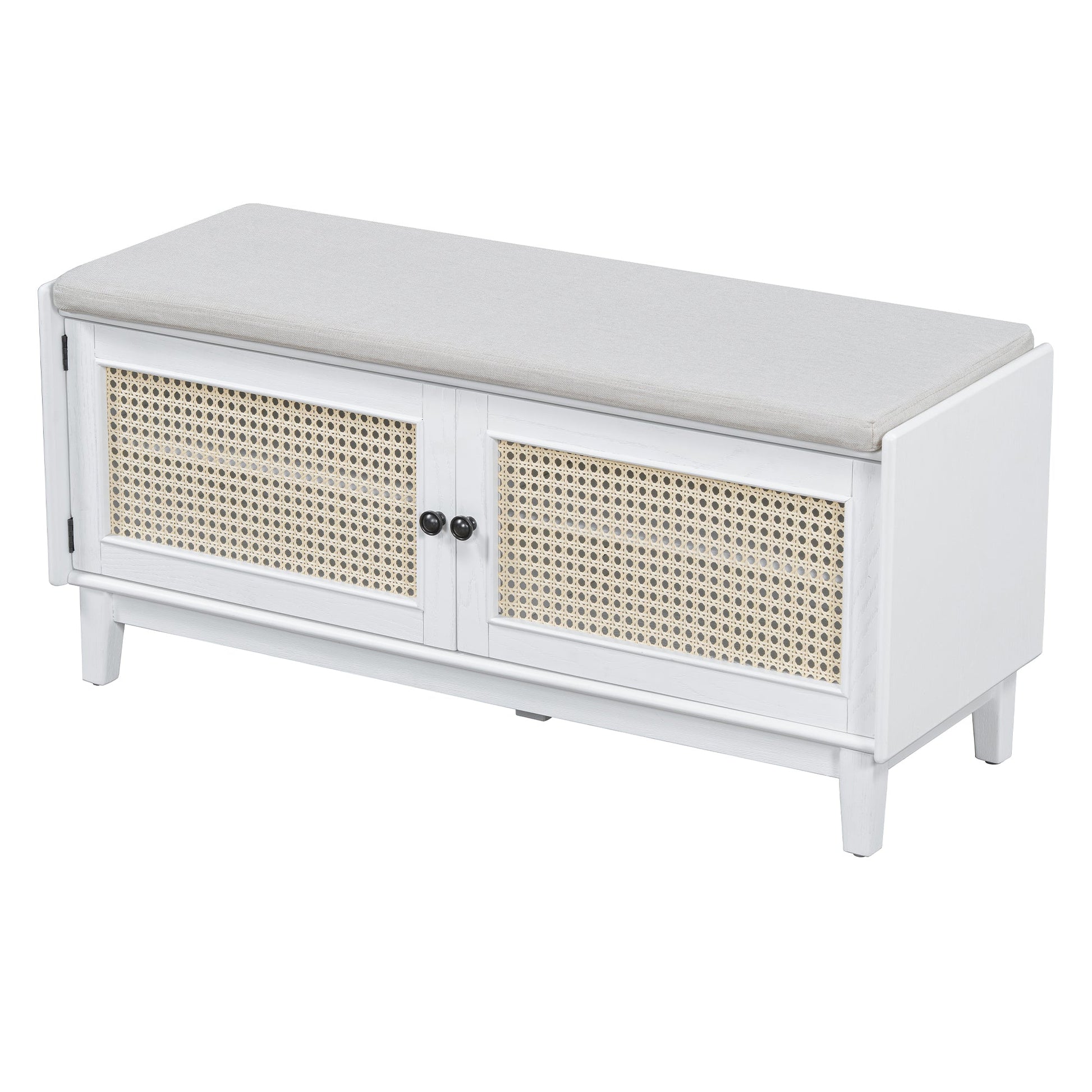 TREXM Boho Rattan Entryway Bench with Storage, Cushioned Shoe Bench with Double Doors, Wooden Shoe Organizer Bench for Entryway and Hallway (White+Beige ) - 1st Choice Furniture Direct